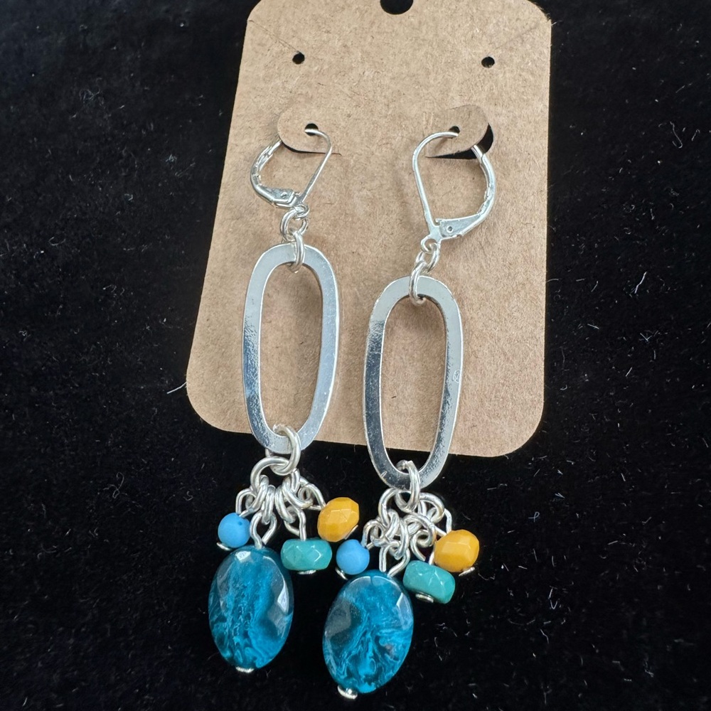 Art Deco Silver and Blue Beaded Chain Coastal Handmade Earrings